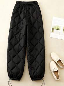 Franclia 大码秋冬绗缝纯色高腰抽绳休闲裤 - 黑色 - 查看 2