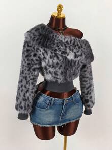 Amplova 秋冬女士时尚不对称领仿皮草豹纹夹克 - 灰色 - 查看 7