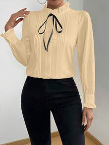 Rafferiza 女式长袖褶皱荷叶边系带衬衫，优雅的春秋季女式衬衫 - 杏色 - 查看 3