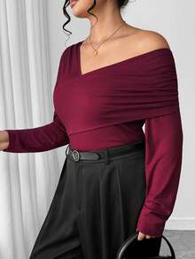 Selianne Plus Size Solid Color One Shoulder Long Sleeve Fitted Top - Burgundy - View 4