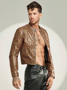 FeverCity Men's Fashionable Sexy Leopard Print Zip-Up Short Jacket - Multicolor - View 5