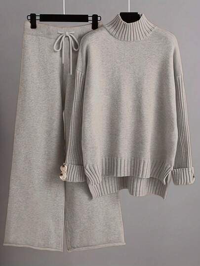 Franclia 2件套女士纯色立领长袖上衣和裤子休闲套装针织套装毛衣套装毛衣套装两件套毛衣套装毛衣裤套装