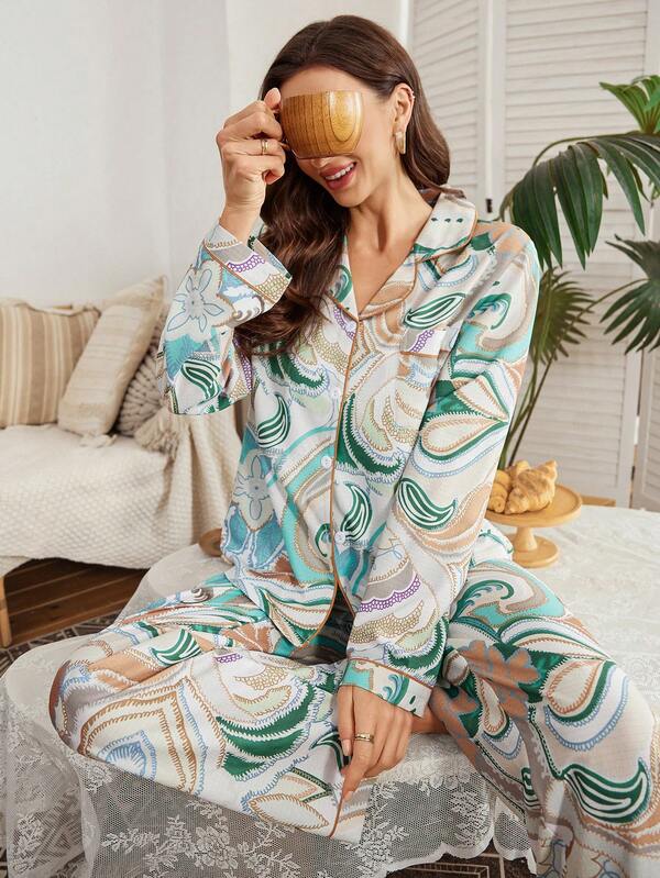 Serenescape Conjunto de pijama con cardigan de cuello con estampado de burbujas y arrugas