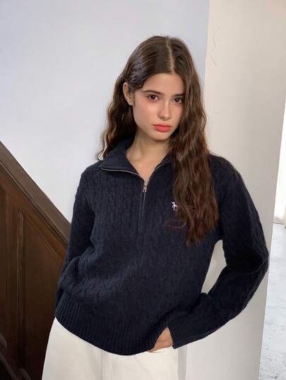 DAZY Teen Girl Solid Color Half-Zip Dropped Shoulder Long Sleeve Cable Knit Casual Pullover Sweater