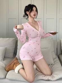 DAZY 女士碎花连体裤，紧身款，V领，长袖，适合春、夏、秋季穿着，女士连体裤家居服套装 - 淺粉色 - 查看 5
