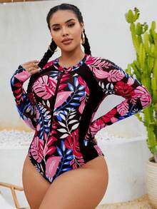 Swim SPRTY 加大码女式连体拉链前随机印花长袖修身泳衣，适合冲浪、运动、沙滩、泳池游泳 - 彩色 - 查看 5