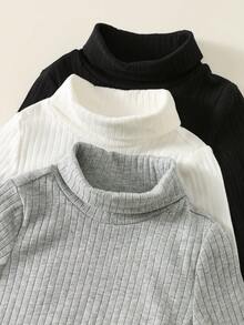 SHEIN 3 件套新生婴儿男孩/女孩幼儿厚实保暖纯色高领长袖连体衣和裤子套装，舒适、百搭、时尚、休闲，适合室内、户外、日常穿着、运动、玩耍、派对、摄影、秋冬季度假 - 彩色 - 查看 4
