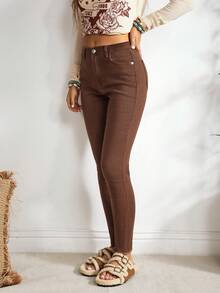 EMERY ROSE Quần Jeans Túi Nút Màu Trơn Đơn Giản Thường Ngày Cho Nữ - Cà phê nâu - Xem 4