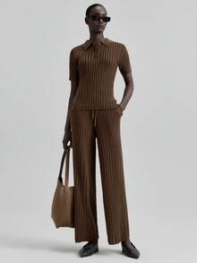 Ontre Women's Solid Color Polo Neck Knit Top And Drawstring Pants Sweater Set,Shades Of Brown,Autumn,Effortless Chic,Everyday,Urban Commute Business Outfit - Brown - View 5