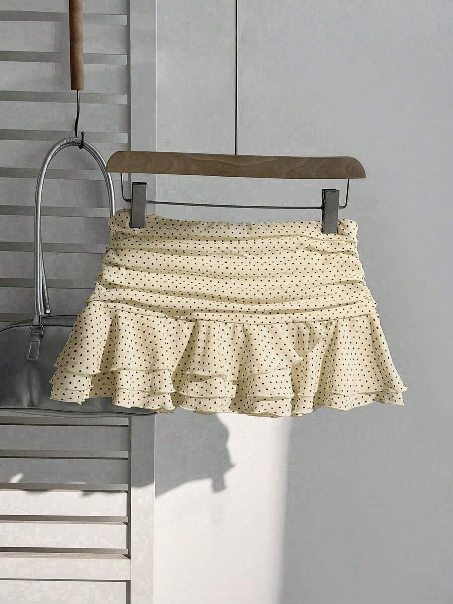 Elamini Váy ngắn xếp ly nhiều lớp thiết kế ngọt ngào thời trang thanh lịch chấm bi xếp nếp kiểu dáng nghỉ dưỡng váy chữ A - Màu be - Xem 1