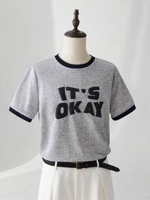 ESTAVOR 男士休闲撞色饰边标语印花短袖 T 恤，夏季 - 灰色 - 查看 8