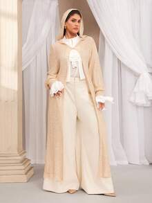 VOLUPTÉ CURVE Plus Size Women's Fall/Winter Champagne Gold Floor Length Cardigan Metallic Knit Sequin Fringe Hooded Drop Shoulder, Elegant Party Evening Cardigan - Gold - View 4