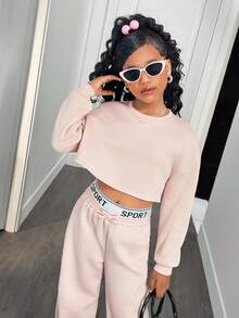 SHEIN Tween Girls Pastel Pink Autumn Cow Boy School Back-To-School Casual Loose Drop Shoulder Sweatshirt & Pleated Letter Waistband Sweatpants 2 Piece Set - Baby Pink - View 7