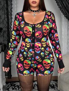 Whyspr Grunge Punk Plus Size Women Skeleton Print Y2K Colorful Skull Jumpsuit, Punk Goth Style For Autumn/Winter Halloween - Multicolor - View 2