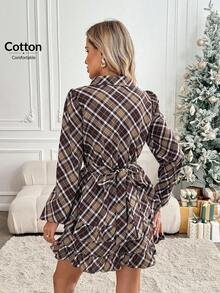 Easowa Autumn/Winter Fashion Plaid Mini Dress For Women, Lantern Sleeve, V-Neck Waist, Layered Ruffle Hem, Bow Back, Half-Placket Shirt Dress Christmas Clothes Winter Women Clothes Women Long Sleeve Dress Checkered Dress Plaid Dress Women Ruffle Hem Dress Button Up Dress
