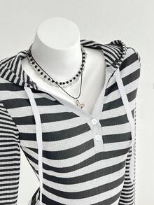 Elamini Áo thun dài tay có mũ sọc đen xám cổ điển dành cho nữ - Nhiều màu - Xem 3