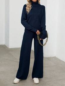 EMERY ROSE Casual Ladies' Turtleneck Long Sleeve Sweater And Sweater Pants Suit Fall Winter Cloth For Women - Navy Blue - View 3