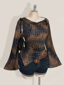 SHEIN ICON 秋季女式加大码西部波西米亚风复古哥特露肩外出扎染印花不对称下摆长袖喇叭袖时尚T恤 - 彩色 - 查看 1