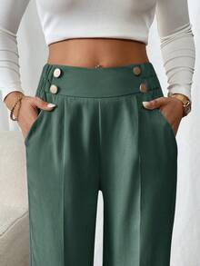 SHEIN Frenchy 大码女式休闲黑色长裤，日常穿着和通勤必备，带金属纽扣装饰、实用口袋，2025 年新款时尚黑色长裤 - 墨綠色 - 查看 6