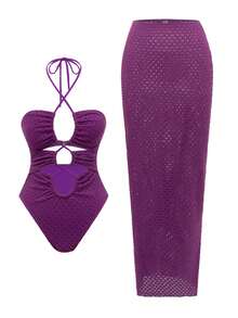 SHEIN Swim Purple Solid Color Halter Backless V-Neck One-Piece Swimsuit With Bodycon Skirt Set,Summer 70s Retro Women 2 Piece Long Skirt Set,Night Party - Purple - View 5