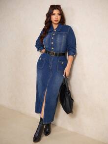 Elaquor Plus-Size Dark Blue Denim Dress, Classic Long-Sleeved Shirt Dress, French Elegance, Gold Metal Buckle Embellishment, Autumn/Winter Women's Clothing.