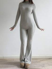SHEIN Unity Women's Grey Ribbed Turtleneck Bodycon Flare Jumpsuit. - Grey - View 4