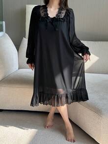 Dazy Plus 大码女士优雅宽松长款雪纺蕾丝边睡裙，冬季，宽松睡衣 - 黑色 - 查看 4