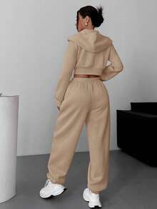 SHEIN EZwear Bộ đồ thể thao thường ngày bằng vải kaki dệt kim dành cho nữ - Màu Khaki - Xem 2