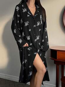 DAZY Floral Pattern Loose Long Sleeve Full Zip Robe Sleepwear Robe, Winter - Black - View 5