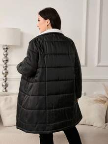 Ellevyn 女士加大码羽绒服，黑色条纹，带口袋，金属拉链，适合秋冬季节穿着。 - 黑色 - 查看 3