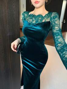 DAZY 女士秋季蕾丝拼接鱼尾保暖中长连衣裙舞会礼服 - 綠色 - 查看 3