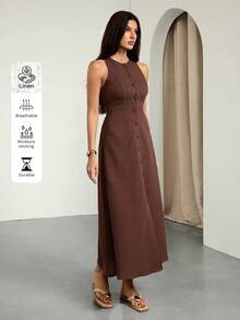 SHEIN Tall فستان قطني بدون أكمام أحادي الصدر كاجوال بني اللون - بني - مشاهدة 4