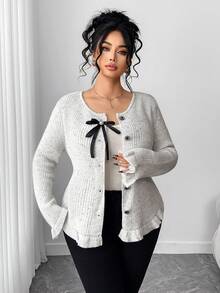 Elenzga Women's Autumn/Winter New Round Neck Bow Knit Long Sleeve Cardigan, Sweet & Soft, Versatile & Fashionable - Light Grey - View 7