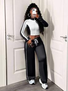 SHEIN BamGlam Women's Casual 2 Pieces Set, Color Block Design, Long Sleeve Zip-Up Jacket And Drawstring Pants, Autumn - Black and White - View 7
