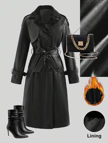 Ellevyn Women's Classic PU Leather Long Trench Coat With Faux Fur Collar, Autumn  Winter Clothes For Women   Fall Clothes For Women   Plush Autumn And Winter Cotton-Padded Jacket With Long Insulation - Black - View 6