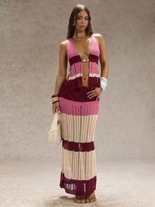 SHEIN Glamour Pink Stripe,Autumn,Boho,Vacation,Holiday Ladies' Elegant Knit Sleeveless Top & Long Hem Skirt Two Pieces Set,Fashion Crochet Party Outfit - Multicolor - View 1