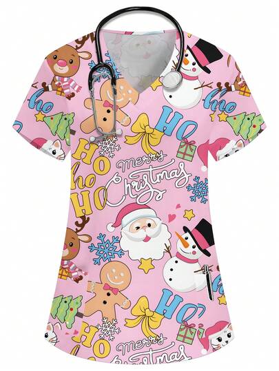 PopScrub 圣诞V领短袖双口袋可爱圣诞老人、雪人、驯鹿、圣诞树、雪花、蝴蝶结、英文单词卡通印花设计护士/医生制服上衣/健康检查手术服/纯色宠物美容制服上衣/营养师工作服短袖/多口袋实验服，功能性女式节日