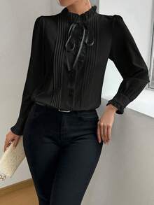 Rafferiza 女式长袖褶皱荷叶边系带衬衫，优雅的春秋季女式衬衫 - 黑色 - 查看 5