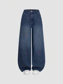Quần Jeans Nữ Tuổi Teen, Quần Jeans Ống Rộng Đính Đá Rhinestone Thời Trang Y2K, Phong Cách Cổ Điển, Phù Hợp Mọi Phong Cách, Mẫu Quần Không Thể Thiếu Cho Các Cô Gái Thời Trang - Rửa tối - Xem 3