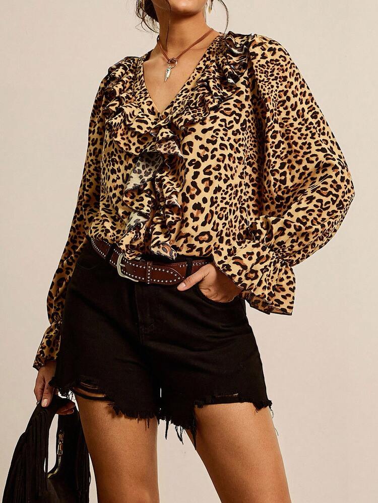 SHEIN LUNE Plus Size Fashionable Leopard Print Ruffle Trim Blouse Fall For Women Winter For Women Halloween Christmas For Women Halloween Costume Women Casual Daily Wear, Business Casual Woman Teacher Plus Size - Multicolor - View 5