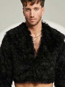 FeverCity Men's Casual Fashion Street Solid Color Fluffy Short Long Sleeve Coat - Grey - View 6
