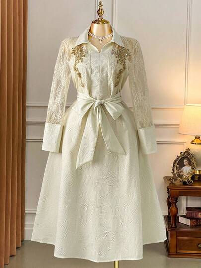 Rometta Plus Size Women's Vintage Luxurious High-End Polo Collar Dress, Mesh Lace Embroidery Textured Design, Distinctive Elegant Long Dress, Suitable For Birthday, Club, Business Casual, Party, Formal, Evening, Romantic