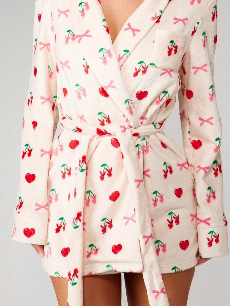 Missguided x Playboy Christmas Cherry Heart Print Satin Robe With Scrunchie