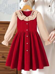 SHEIN Tween Girl Color Block Puff Shoulder Long Sleeve Peter Pan Collar Button Front Dress - Burgundy - View 8
