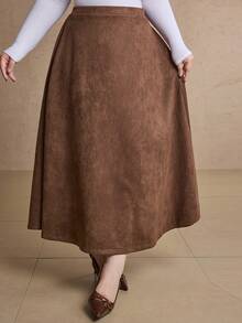 Dazy Plus Plus Size Women Elegant Thickened Long A-Line Suede Skirt, Fashion Autumn/Winter - Coffee Brown - View 6