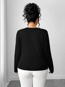 SHEIN Elenzya Áo thun bó eo cao cấp cổ tròn tay dài màu tương phản cỡ lớn dành cho nữ mặc thường ngày - Đen và trắng - Xem 2