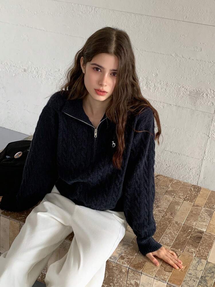Teen Girl Solid Color Half-Zip Dropped Shoulder Long Sleeve Cable Knit Casual Pullover Sweater