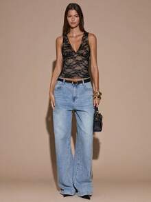 SHEIN BAE 黑色深 V 领蕾丝吊带背心，适合派对、鸡尾酒会、正式场合、性感女式上衣、圣诞节、宴会、商务休闲装、外套 - 黑色 - 查看 3