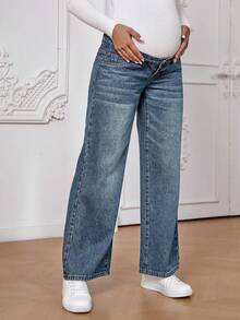 SHEIN 孕妇休闲拉链直筒牛仔裤 - 淺色水洗藍 - 查看 5