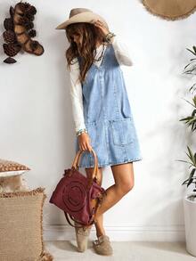 EMERY ROSE Women's V-Neck Sleeveless Casual Denim Bib Dress With Dual Pockets - Light Wash - View 8
